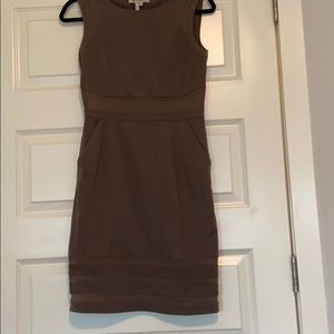 BCBG brown formfitting dress. mesh inserts+pockets